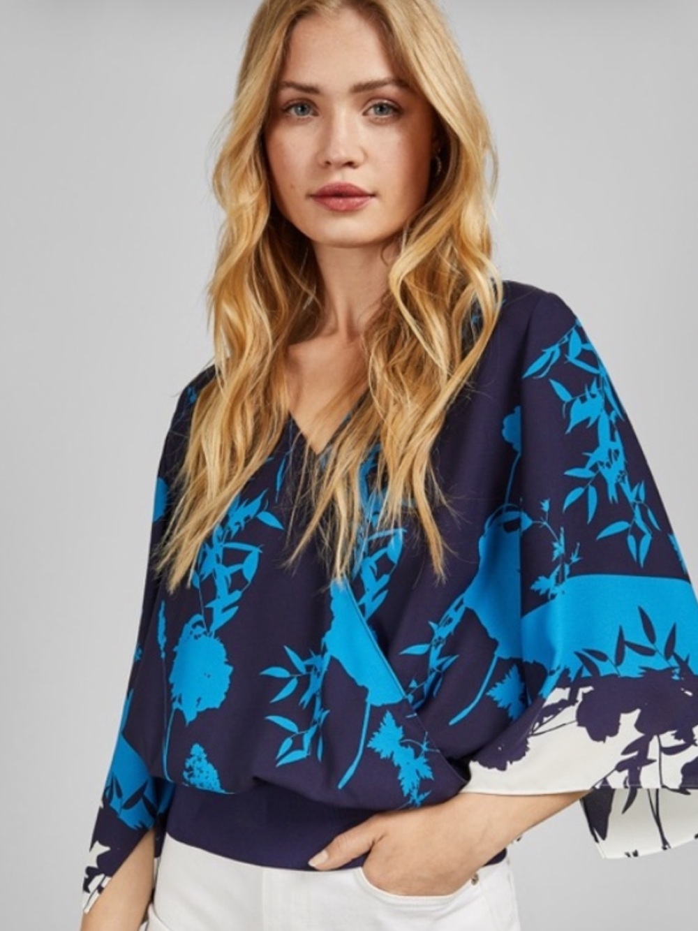 Ted Baker Navy and Bright Blue Floral Kimono Top size 2 which is medium